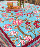 Royal Floral Tree Blue & Pink Hand Block Rectangle  Table Cover / Cloth